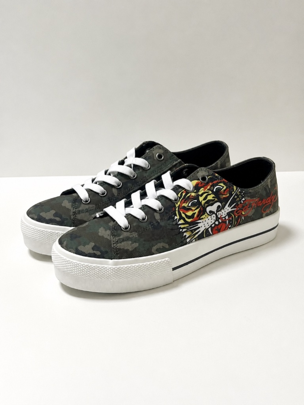Ed Hardy Tiger Camo Canvas Sneakers Mens Green Tattoo Low Top Shoes NEW